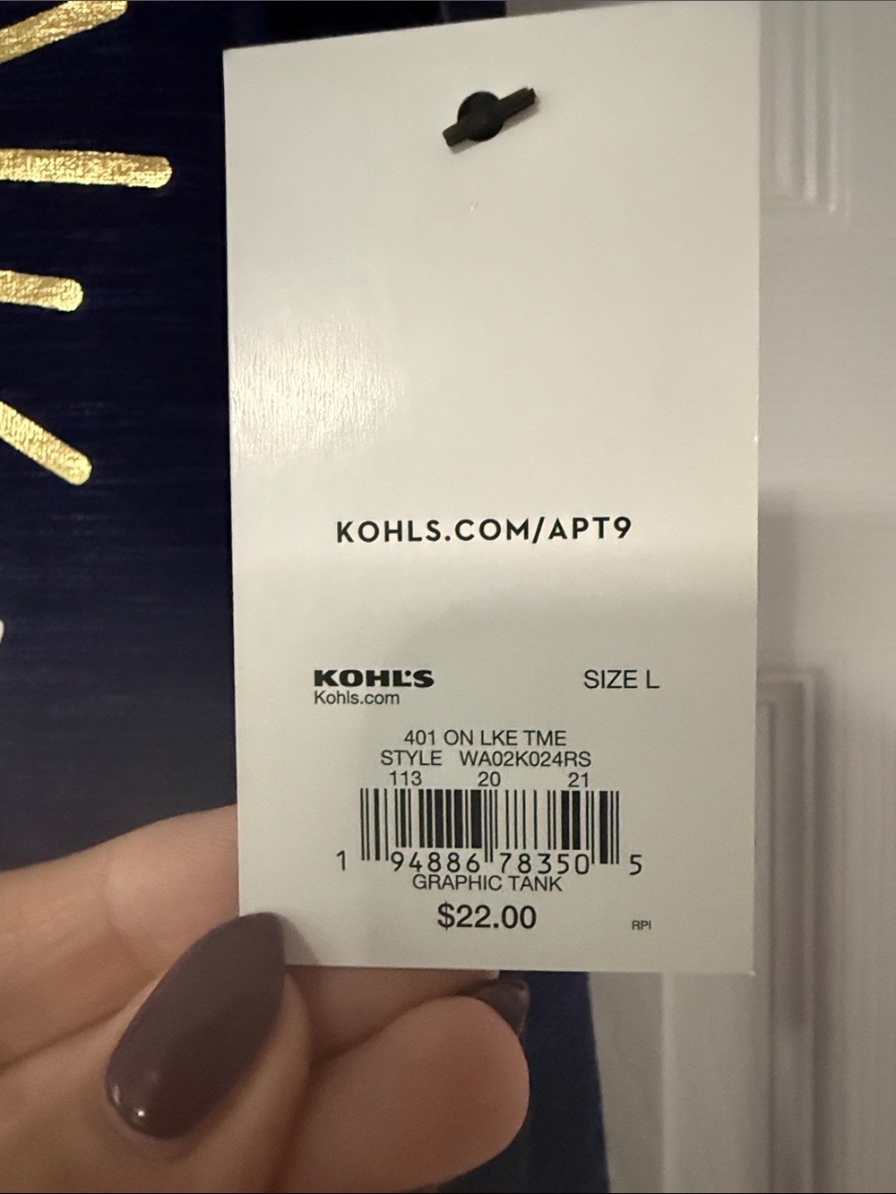 Apt. 9 Navy Tank with White and Gold 'Lake Time' Graphic - Picture 2 of 5